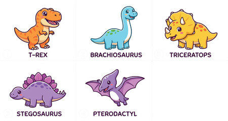 Cute Dinosaur Cartoon Character Collection Featuring Baby T-Rex Brachiosaurus Triceratops Stegosaurus and Pterodactyl Symbols for Kids Educational and Nursery Designs © BijoyChandra