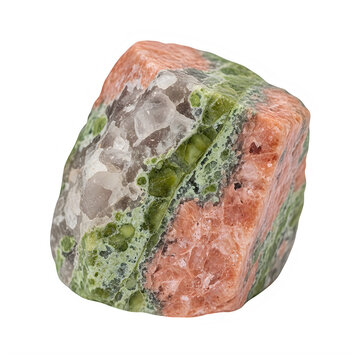 Unpolished eclogite mineral specimen with garnet and quartz on transparent background with displays raw