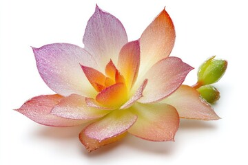 Obraz premium Delicate Bloom: A single succulent plant with vibrant gradient petals, from soft pink to warm orange, showcasing its unique beauty.