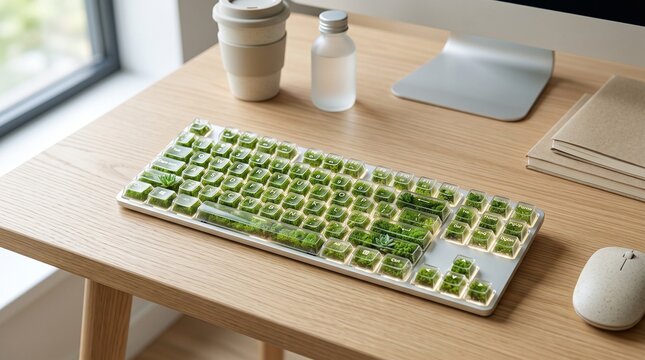 Sustainable eco friendly computer keyboard with green moss and tiny succulents growing inside transparent keycaps, placed on a minimal wooden desk next to a water bottle and reusable cup.