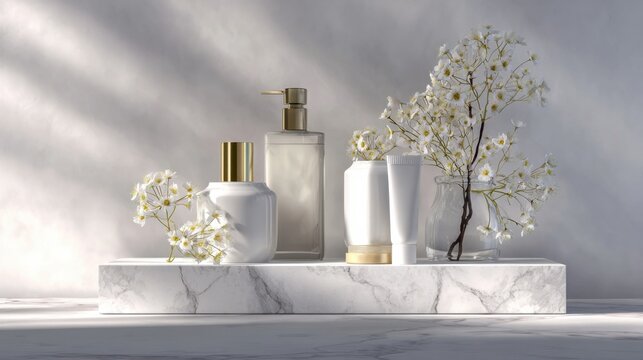 Luxury cosmetic bottles and skincare products with white flowers on marble plinth.