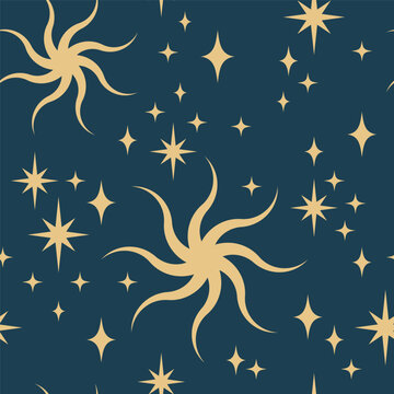 Seamless Vector Celestial Pattern with Moon, Stars and Cosmic Elements