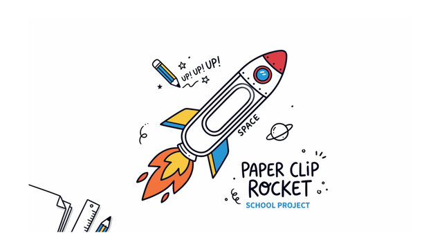 Paper Clip Rocket School Project: A creative and whimsical illustration depicts a paper clip transformed into a rocket, ready for launch, symbolizing imagination and ingenuity in a school project.