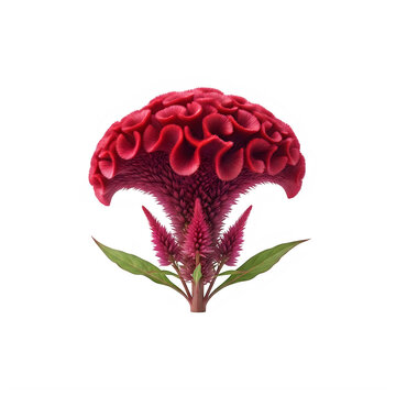 Vibrant crimson cockscomb flower bloom isolated on transparent background with single detailed crimson
