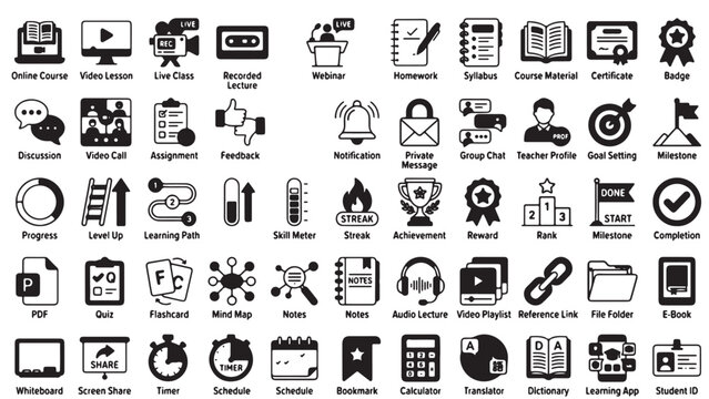 Online Education and E-Learning Solid Glyphs Icons Set