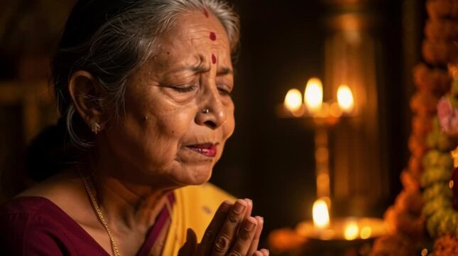 Devout Senior Indian Woman Praying during Hanuman Puja with Eyes Closed by Deity Idol and Lit Diyas in Temple
