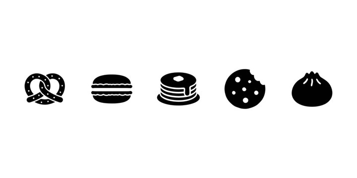 Black food icons of pretzel, burger, cake, cookie and dumpling
