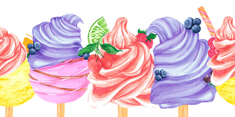 Hand drawn watercolor berry sorbet seamless border. Illustration isolated on white background. Can be used for label, menu design, textile and other printed products © Aleksandra Shvetsova