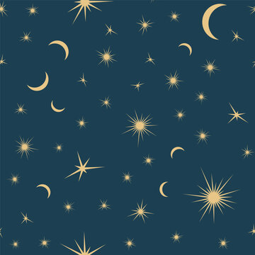 Seamless Vector Celestial Pattern with Moon, Stars and Cosmic Elements