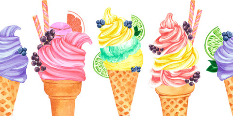 Hand drawn watercolor berry ice cream cornets with lime grapefruit slices seamless border. Illustration isolated on white background. Can be used for textile, menu design, scrapbook and other printed © Aleksandra Shvetsova