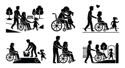 Fototapeta premium Family Assistance Scenes With Wheelchairs Black Silhouette Vector Illustration