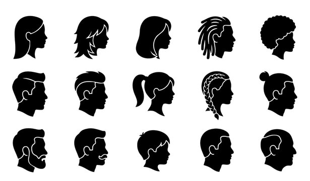 Untitled design - 3 Diverse Hairstyles Head Profile Black Silhouette Vector Pack with Male Female Portrait Icons Collection