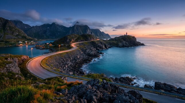Winding coastal highway curving along a rocky ocean shore at sunset. Scenic seaside asphalt road leading towards a distant lighthouse on a cliffside under dramatic clouds in a Nordic landscape.