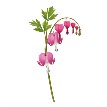 Pink bleeding heart flower stem with green foliage on transparent background with green leaves isolated