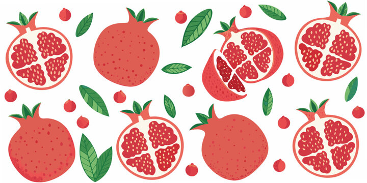 Pomegranate Fruit And Leaves Vector Illustration With Red And Green Tones