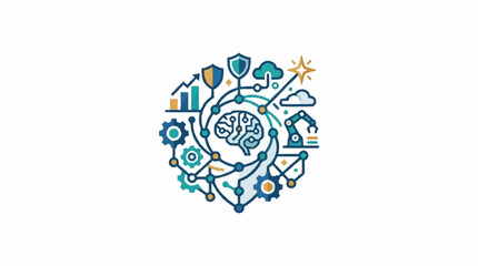 Colorful brain illustration with technology and innovation icons. © Kiki
