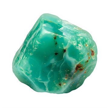 Raw teal green gemstone crystal nugget isolated on transparent background with inclusions polished waxy