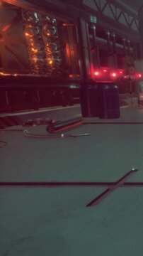 Boxes are on the ground in a high tech space. Red lights shine in the background. Cables lie scattered, and it appears to be an active work area.