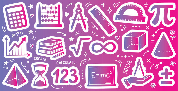 Collection of colorful math and science icons on a gradient background, representing education and learning.