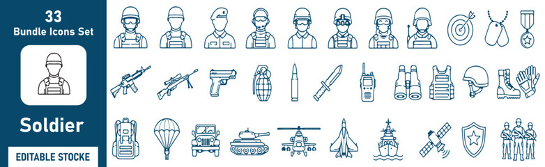 Military Soldier Outline Icons Set – Army, Defense, Tactical Equipment and Warfare Line Vector Collection © Bely