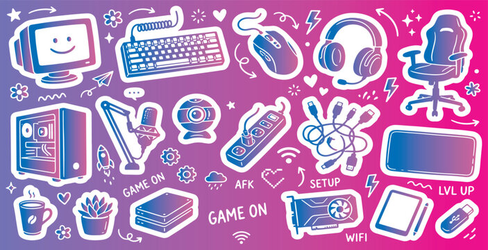 Collection of gradient-colored gaming setup stickers featuring PC, monitor, keyboard, mouse, headphones, chair, microphone, console, and various accessories.