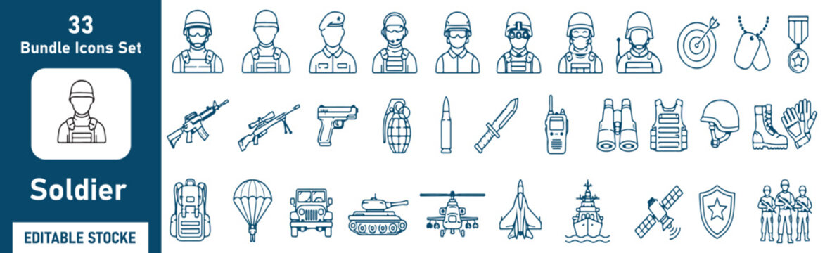 Military Soldier Outline Icons Set &ndash; Army, Defense, Tactical Equipment and Warfare Line Vector Collection