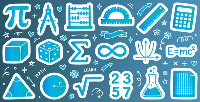 A vibrant collection of blue gradient mathematical and scientific symbols and tools as stickers on a dark background, representing education and learning concepts.