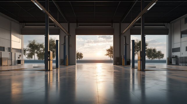 Empty modern auto repair shop with open gates at sunset, Modern car service ready to open and receive customers, generative ai