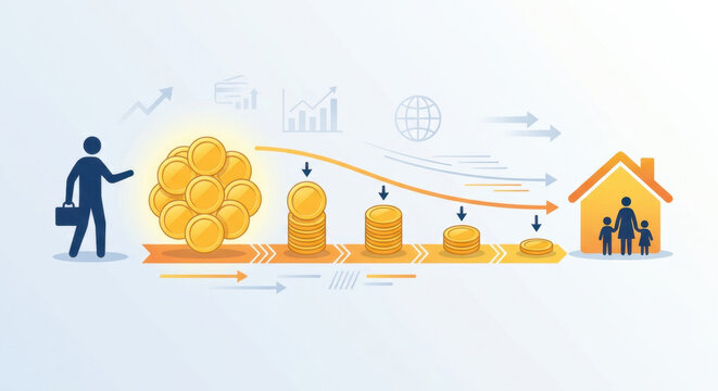 Finance flow, money transfer, coin stack, household finance, savings plan