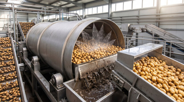 Industrial drum washing machine cleaning harvested potatoes under water spray at processing plant