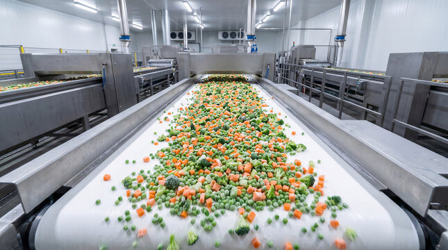 Industrial mixing and sorting process of chopped vegetables on a wide conveyor belt at food factory