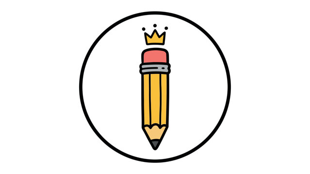 King of Creativity Icon: A stylized yellow pencil crowned with a golden crown, symbolizing creativity, writing, and education within a circular frame.
