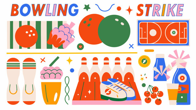 Bowling themed collection featuring bowling balls pins shoes and other elements in a vector illustration ball strike tenpin