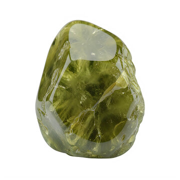 Polished green peridot gemstone specimen isolated on transparent background with gemstone vibrant olive