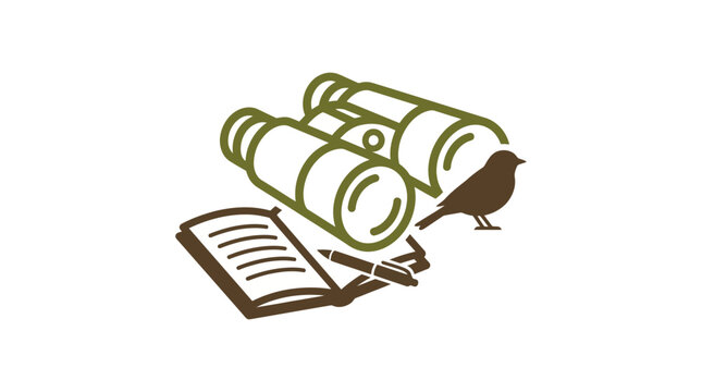 A person observes wildlife with binoculars, notebook, and bird silhouette for nature study.