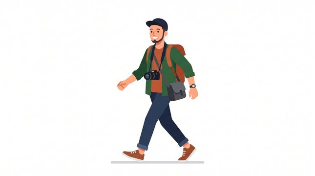 Man with backpack and camera walking on white background, illustration of a traveler