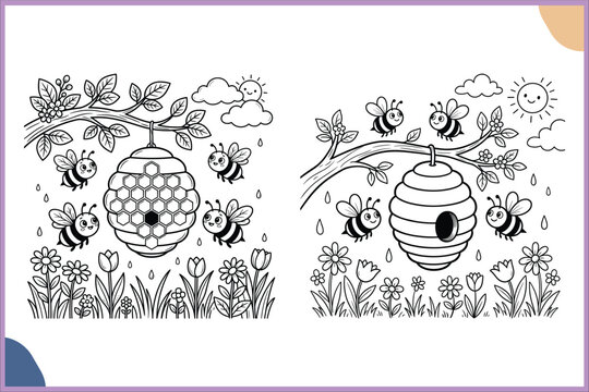 Cute Bee Garden Coloring Page Vector Line Art illustration