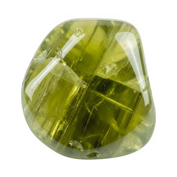 Polished green chrysolite gemstone isolated on a transparent background with gemstone internal fractures
