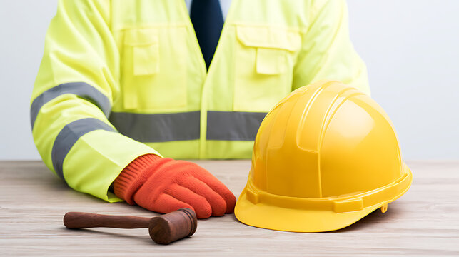 Industrial Safety and Legal Protection: Person in Reflective Jacket, Hard Hat, Protective Glove, and Gavel on Wooden Table
