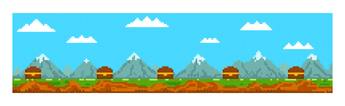 Pixel game scene with mountains, clouds, grass. 8 bit game scene with natural challenge against a blue sky. Game pixel level.