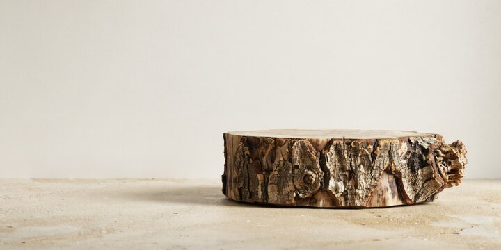 Round tree trunk slice display stand on a textured stone surface