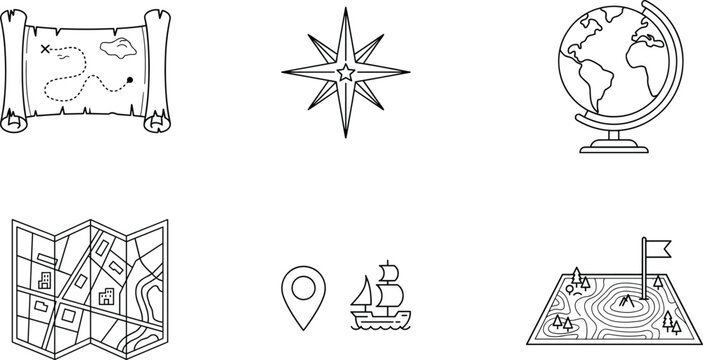 Cartography and navigation line art vector icon collection featuring treasure map compass rose globe world map pin sailing ship and landscape topography illustrations