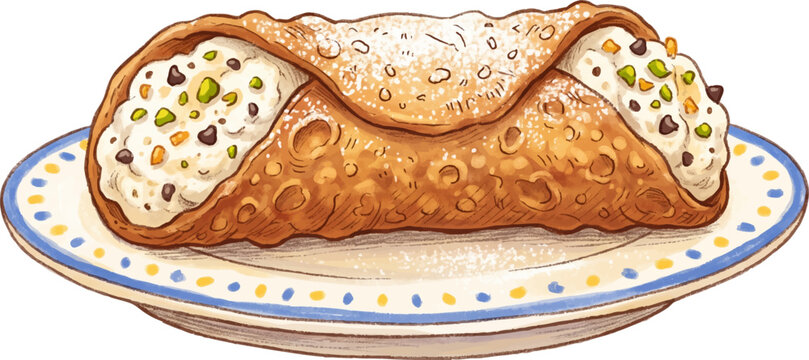 Traditional Sicilian cannoli pastry with ricotta cream and pistachios on a decorative plate, delicious Italian sweet dessert illustration