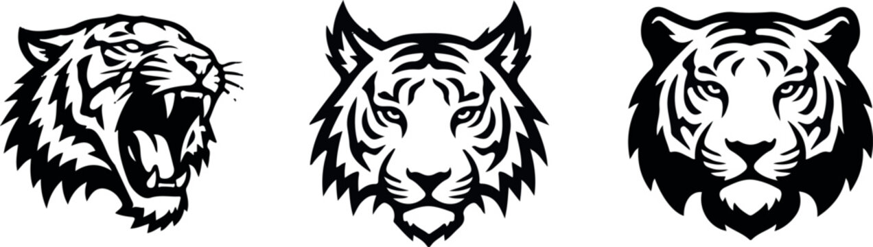 Silhouette of three different angry tiger heads in black and white