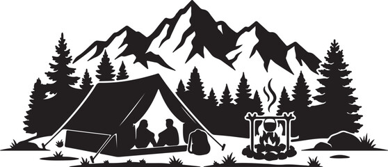 Family camping trip in mountain wilderness with tent and campfire fun © Rumana 