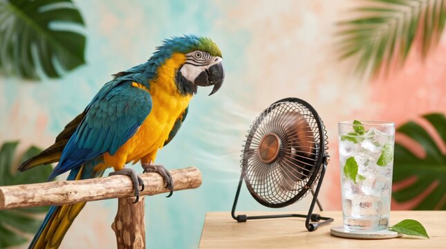 Colorful bird near small fan offers fresh alternative to common cat and dog visuals, while still communicating summer heat, comfort and cooling support very clearly.