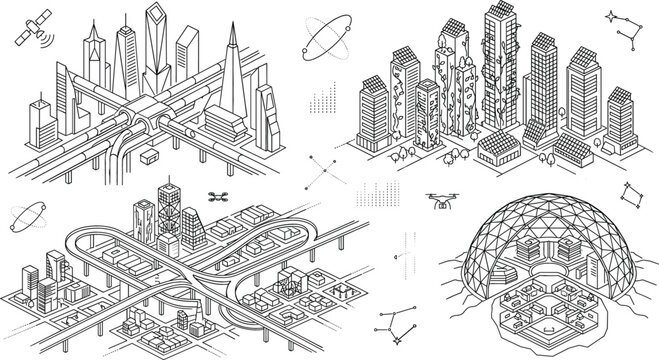 Futuristic city vector line art set with isometric smart metropolis eco skyscraper dome and hyperloop transportation badges