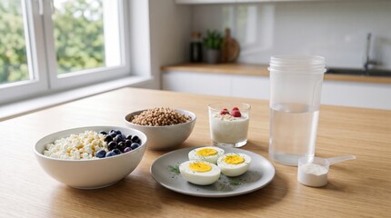 Fototapeta premium Eastern European breakfast with cottage cheese, eggs, buckwheat, berries, protein shaker and creatine scoop shows local food culture meeting modern nutrition routine.