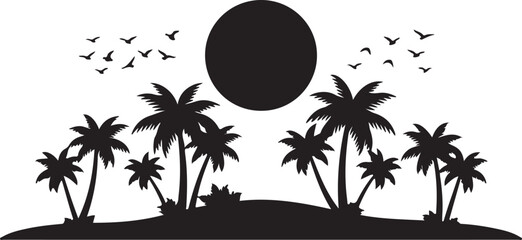 Tropical island silhouette with palm trees birds and moon isolated scene © Rumana 