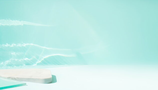 White stone podium on turquoise background with copy space illustration ターコイズ背景に白い石の台座が置かれたコピースペース付き背景イラスト